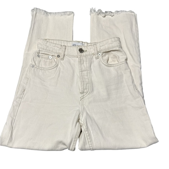 ZARA  High Waisted Button Fly Raw Hem Jeans - Ecru — Size 2 - Picture 2 of 4